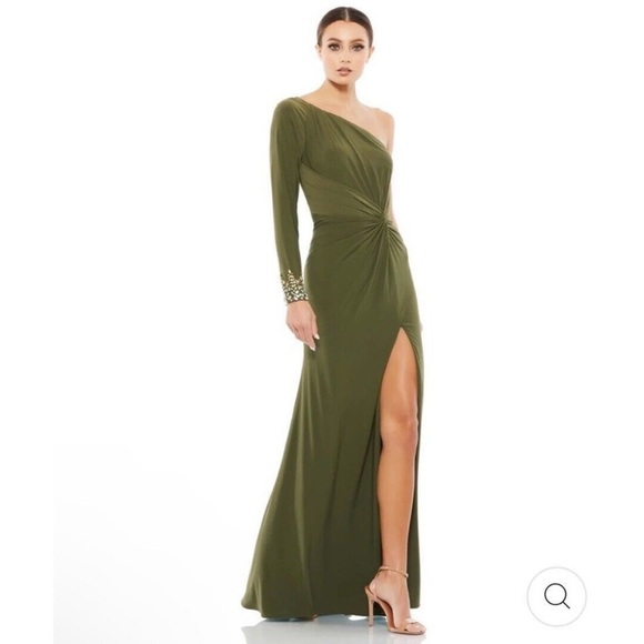 Mac Duggal One Sleeve Beaded Cuff Side Twist Olive Gown 55696 NWT - Picture 1 of 9